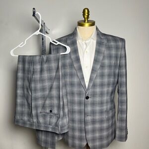 Express Suit Mens 42R W39 Grey Glen Plaid Slim Fit Wool Blend Two Button